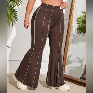 Shein curve High waist ribbed flare leg pants in chocolate brown 1XL